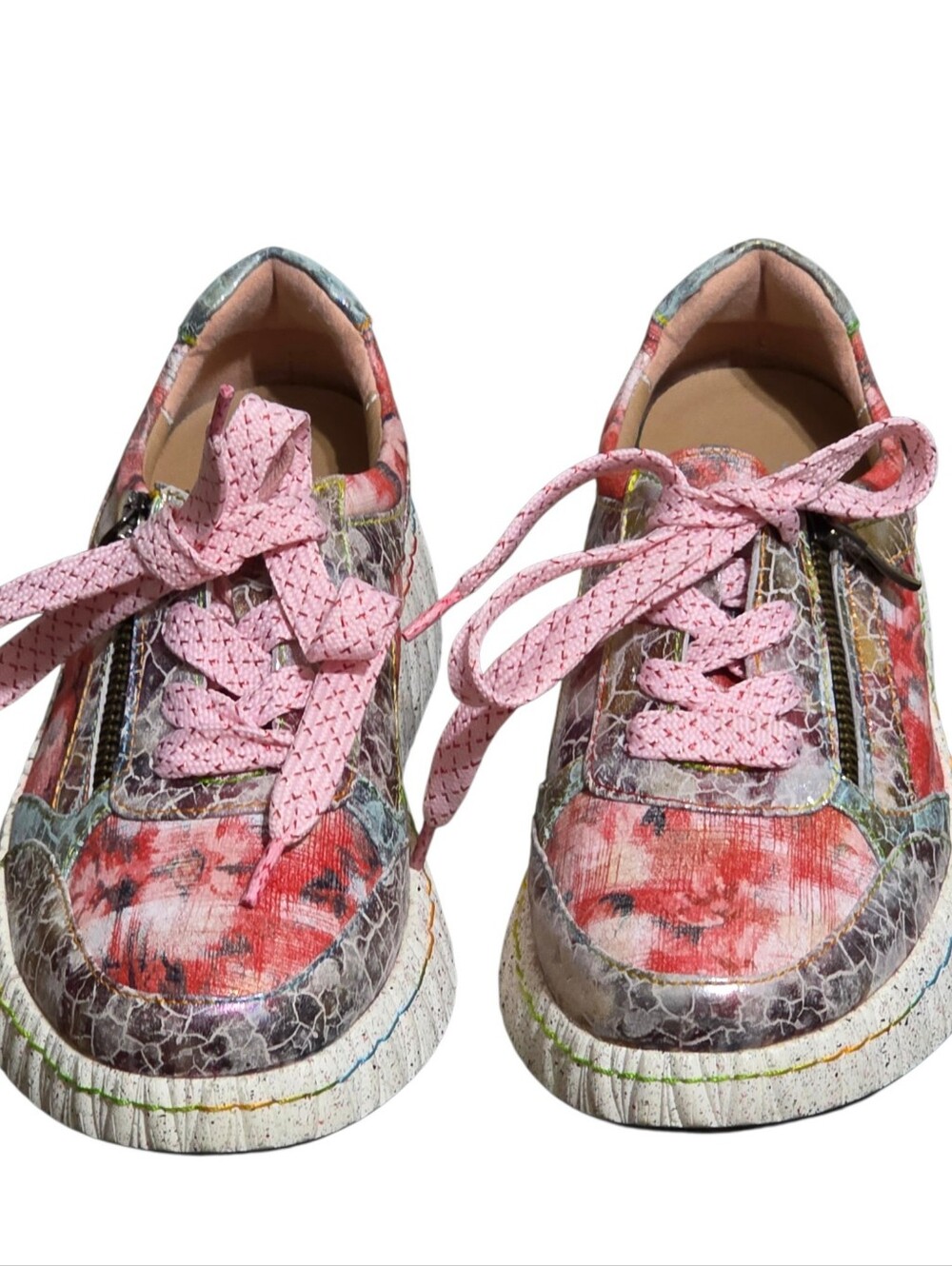 L'Artiste Spring Step Coolcat Leather Sneakers US 6.5-7 Pink Floral Zip Platform